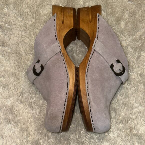 Sanita Hedi Sz 9 Classic Wooden Heel Clog Syringa Lavender Suede Brass Buckle - Picture 5 of 8
